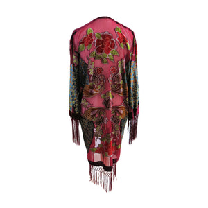 Fringed Devoré Peacock Flower Kimono Jacket - ShopCurious