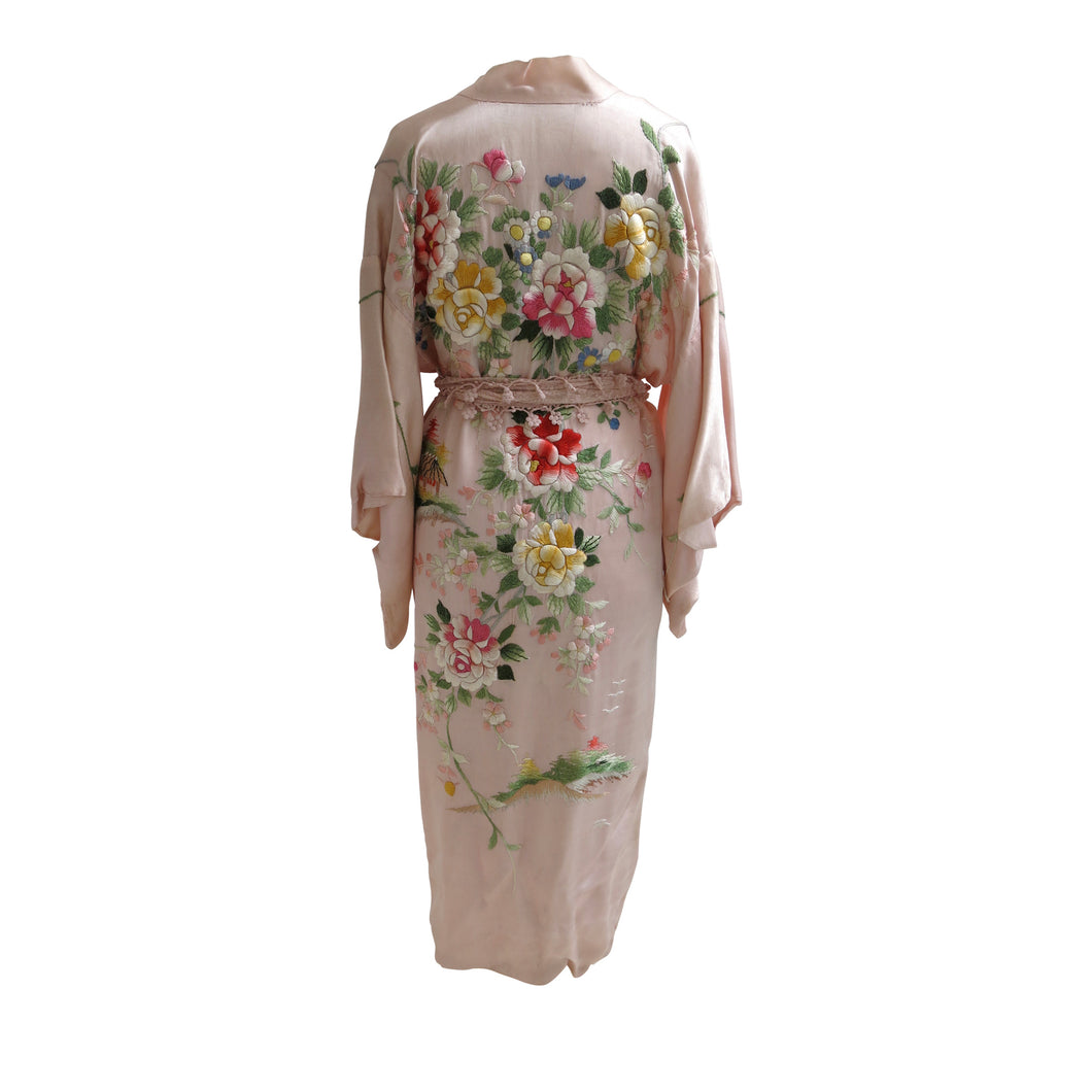 Flower Embroidered Pink Silk Vintage Kimono - ShopCurious