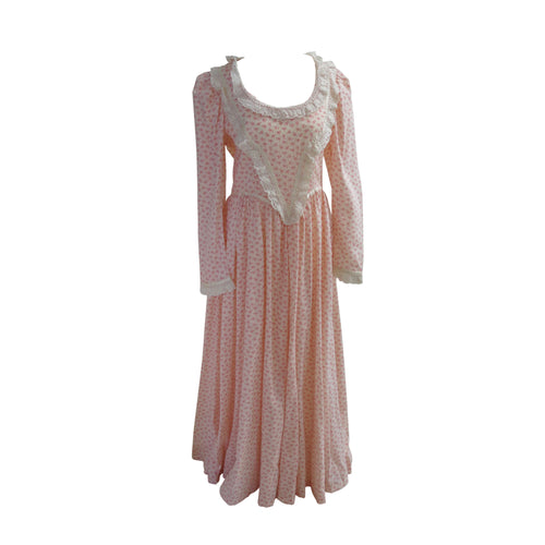 Ditsy Print Cream and Pink Prairie Dress with Handmade Lace Trim - ShopCurious