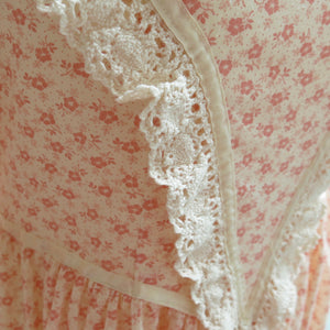 Ditsy Print Cream and Pink Prairie Dress with Handmade Lace Trim - ShopCurious