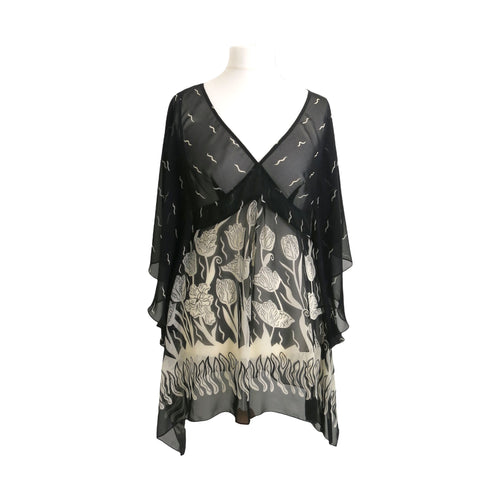 Preloved Zandra Rhodes for M&S Black and Cream Kaftan Top - ShopCurious