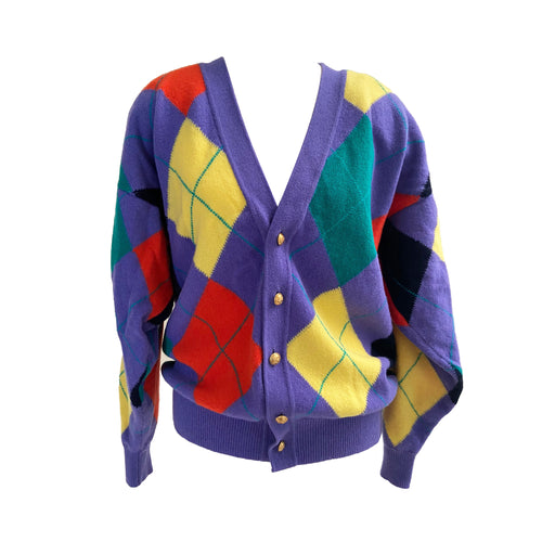 Purple Argyle Knit Cardigan - shopcurious