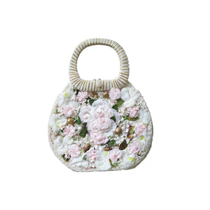 Vintage White Raffia Bag with Silk Flowers, Shells and Pearls - ShopCurious
