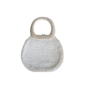 Vintage White Raffia Bag with Silk Flowers, Shells and Pearls - ShopCurious