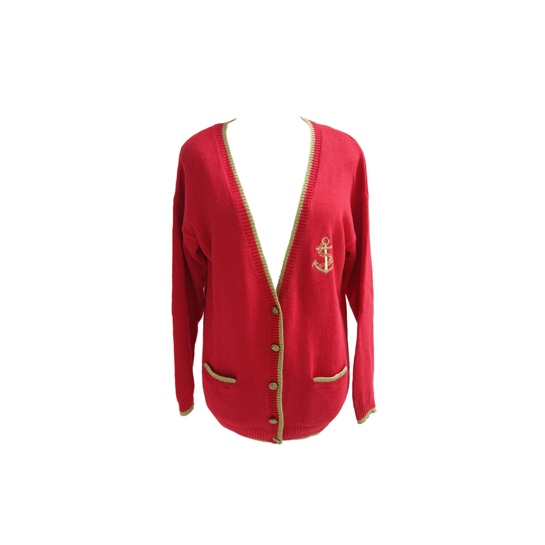 1990s Vintage Red Knitted Cardie with Gold Trim and Anchor Details - ShopCurious