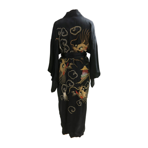 Reversible Gold Embroidered Black Silk Vintage Kimono - ShopCurious