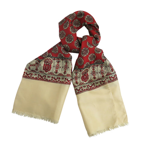 Men’s Dress Scarf – Vintage Silk, Clotted Cream with Red Paisley Design - shopcurious