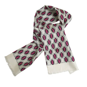 Men’s Dress Scarf – Vintage Silk, White with Magenta and Black - shopcurious