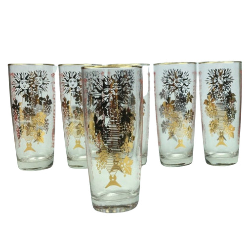 Set of Six Stunning Mid Century Retro Highball Glasses with Gold and Red Design - shopcurious