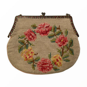 Vintage 1930s Needlepoint Floral Tapestry Evening Bag - ShopCurious