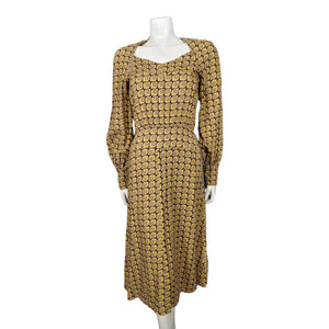 Original 1973 Biba Mustard/Gold and Black Geometric Block Print in Rare Tootal Fabric Midi Dress - Very Good Condition - shopcurious