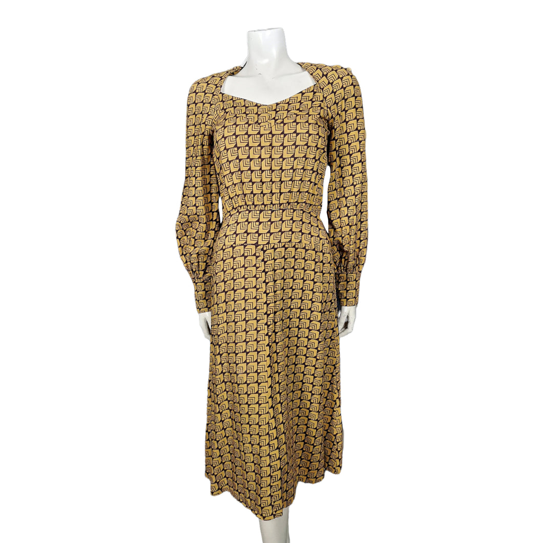 Original 1973 Biba Mustard/Gold and Black Geometric Block Print in Rare Tootal Fabric Midi Dress - Very Good Condition - shopcurious