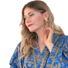 Load image into Gallery viewer, Nirvana Kimono Gown - Azure and Gold with Ribbon Trim - shopcurious
