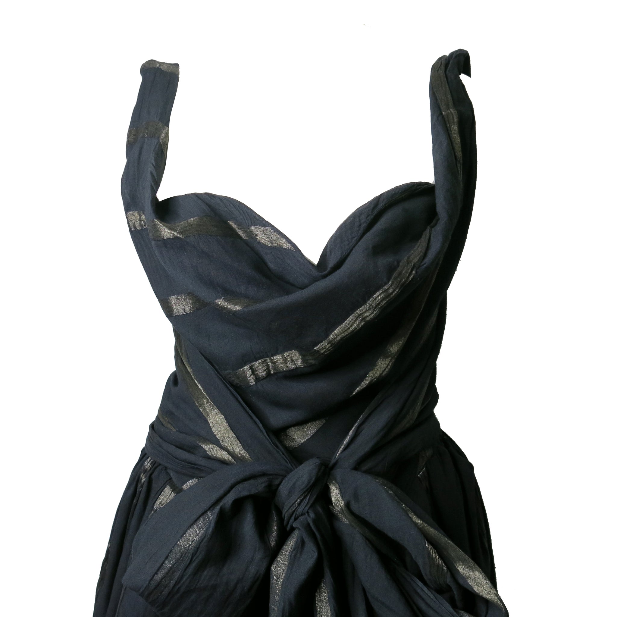 Pre-loved Vivienne Westwood Anglomania Black Belted Metallic Stripe Dress - shopcurious Pre-loved Vivienne Westwood Anglomania Black Belted Metallic Stripe Dress - shopcurious