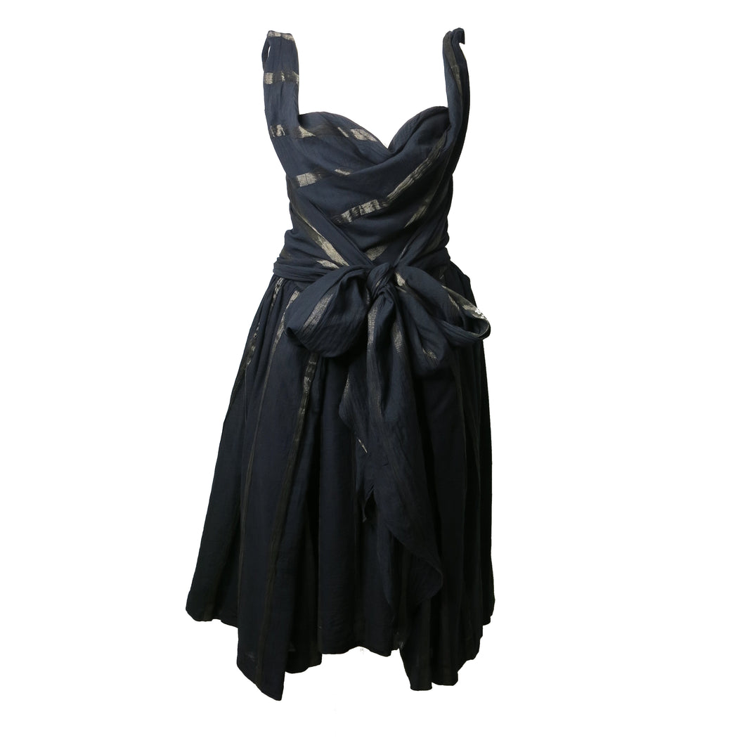 Pre-loved Vivienne Westwood Anglomania Black Belted Metallic Stripe Dress - shopcurious Pre-loved Vivienne Westwood Anglomania Black Belted Metallic Stripe Dress - shopcurious