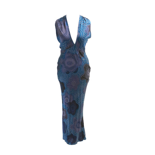 Zandra Rhodes Blue, Purple and Grey Bias Cut Silk Halter Dress - shopcurious