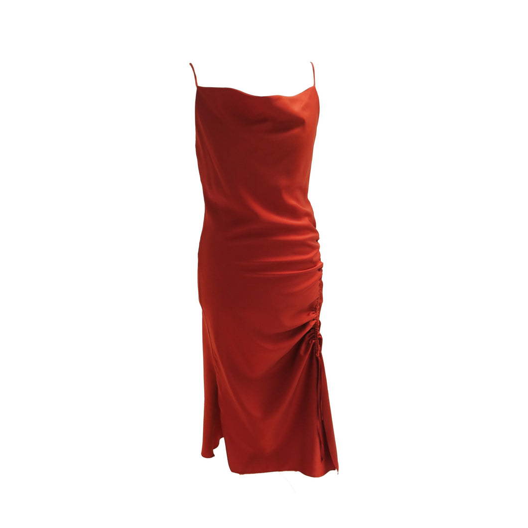 Zara Rust Red Bias Cut Satin Side-Ruched Slip Dress - ShopCurious
