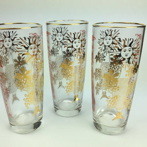 Set of Six Stunning Mid Century Retro Highball Glasses with Gold and Red Design - shopcurious