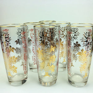 Set of Six Stunning Mid Century Retro Highball Glasses with Gold and Red Design - shopcurious