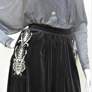 Bill Gibb 1970s Black Velvet Maxi Skirt with Signature Bee Motif Embroidery - ShopCurious