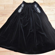 Load image into Gallery viewer, Bill Gibb 1970s Black Velvet Maxi Skirt with Signature Bee Motif Embroidery - ShopCurious
