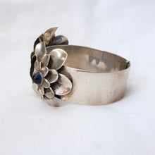 Load image into Gallery viewer, Rare 1930s Joseff of Hollywood Silver Double Camellia Flower Clamper Bracelet - shopcurious
