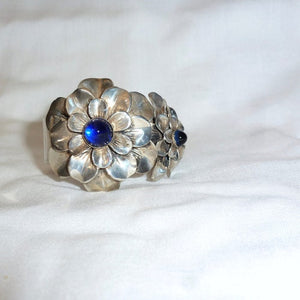 Rare 1930s Joseff of Hollywood Silver Double Camellia Flower Clamper Bracelet - shopcurious