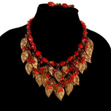 Load image into Gallery viewer, Miriam Haskell Signed Vintage Red Glass and Brass Leaf Necklace and Earrings Set - shopcurious
