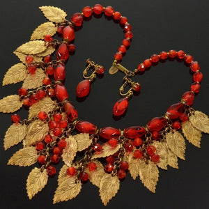 Miriam Haskell Signed Vintage Red Glass and Brass Leaf Necklace and Earrings Set - shopcurious
